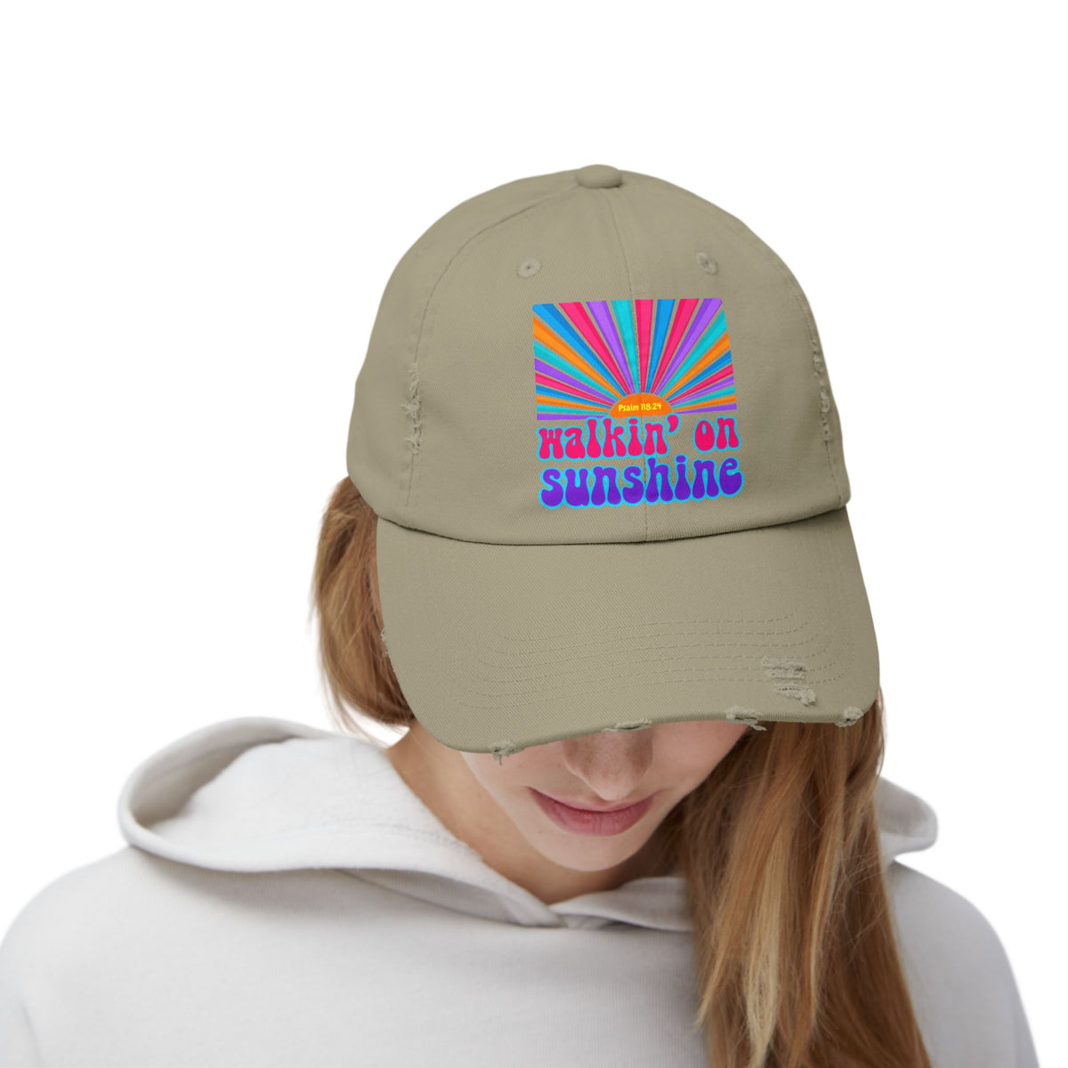 Walking On Sunshine Distressed Cap — Lords Glory with Lori Retro Rainbow Sun Trucker Hat