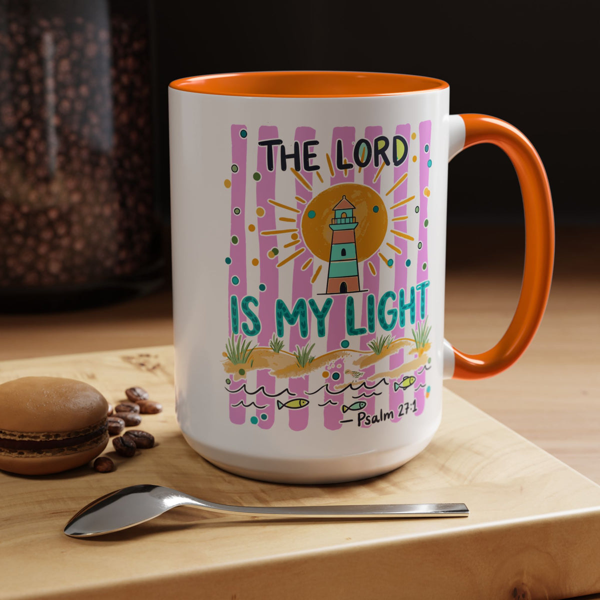 Christian Coffee Mug - "The Lord Is My Light" Lighthouse Psalm 27:1 Accent Mug