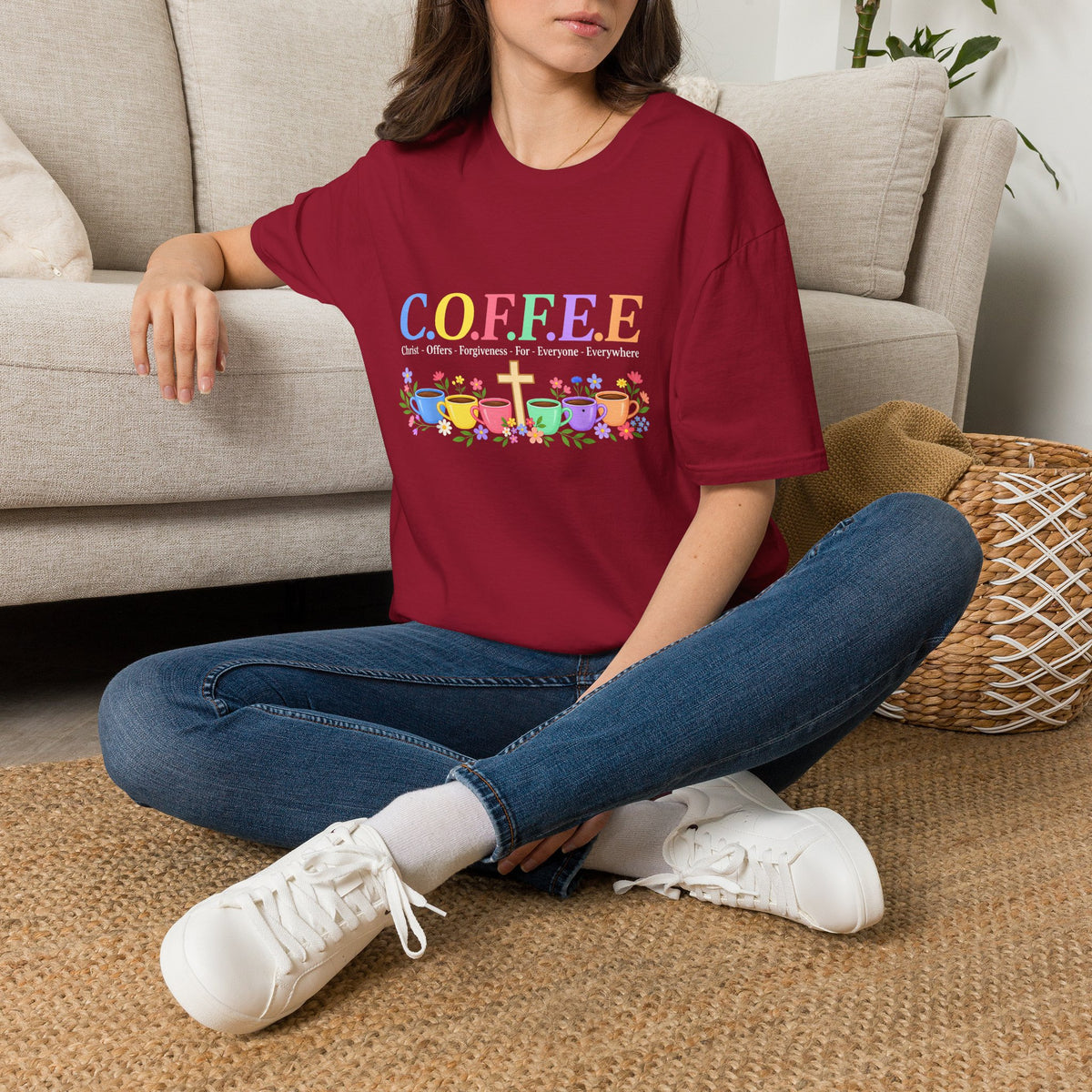 Coffee Lover Floral Graphic - C.o.f.f.e.e. (Christ - Offers - Forgiveness - For Everyone - Everywhere)  Softstyle T-Shirt