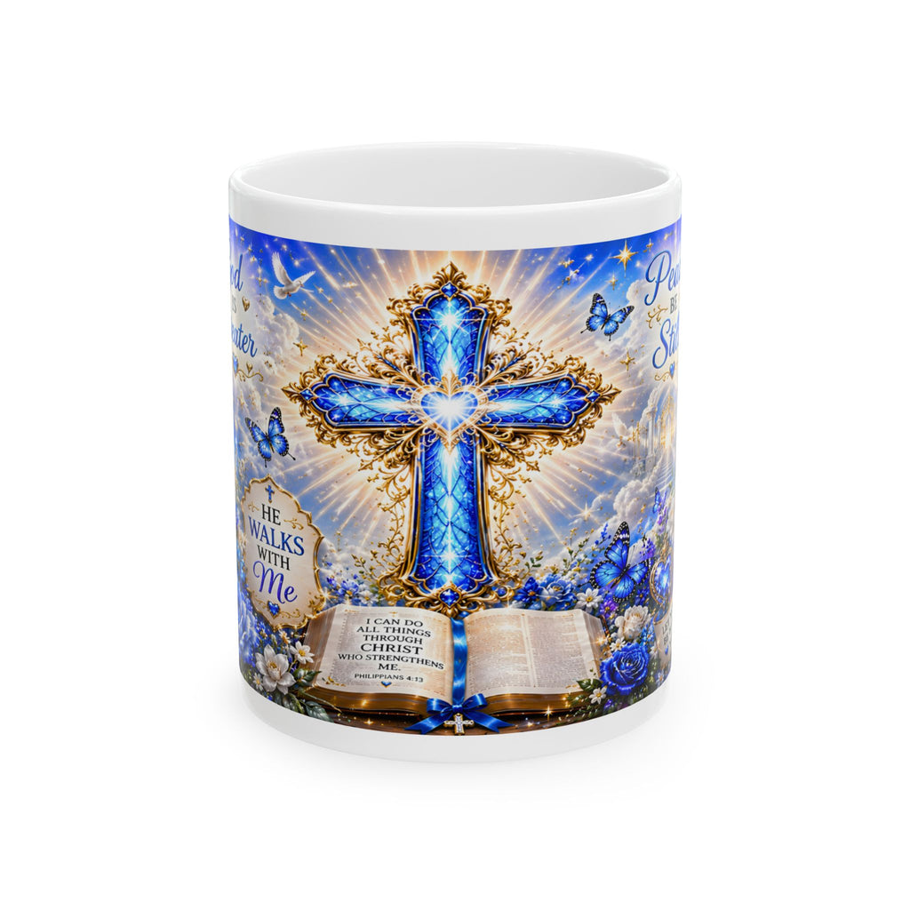 Blue Christian Cross Ceramic Mug with Bible and Floral Design
