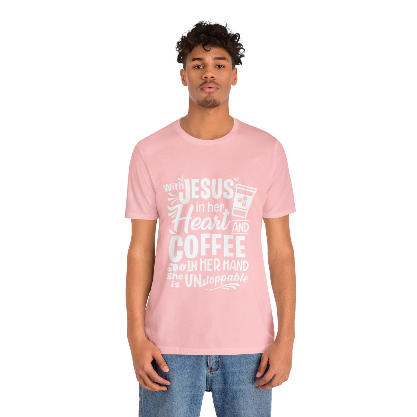 JESUS in Her Heart and Coffee - Woman's Jersey Short Sleeve Tee