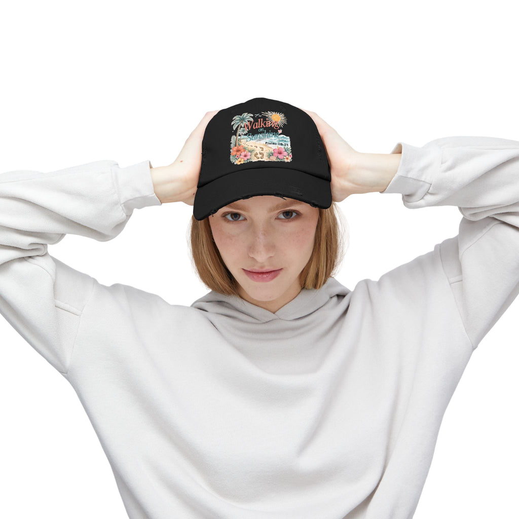 Distressed Cap — "Walk on Sunshine" Tropical Beach Baseball Hat Psalms 118:24