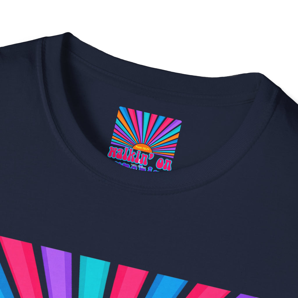 Walkin' On Sunshine Lords Glory with Lori Psalm 118:24 Retro T-Shirt — 70s Rainbow Sun Graphic Tee