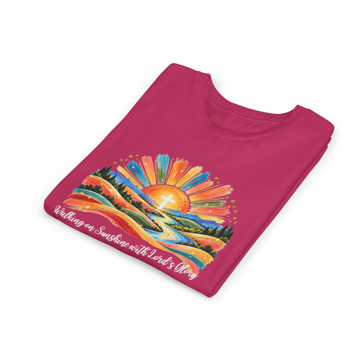 Youth Short Sleeve Tee – Walking On Sunshine with Lords Colorful Christian Sunrise Faith Shirt