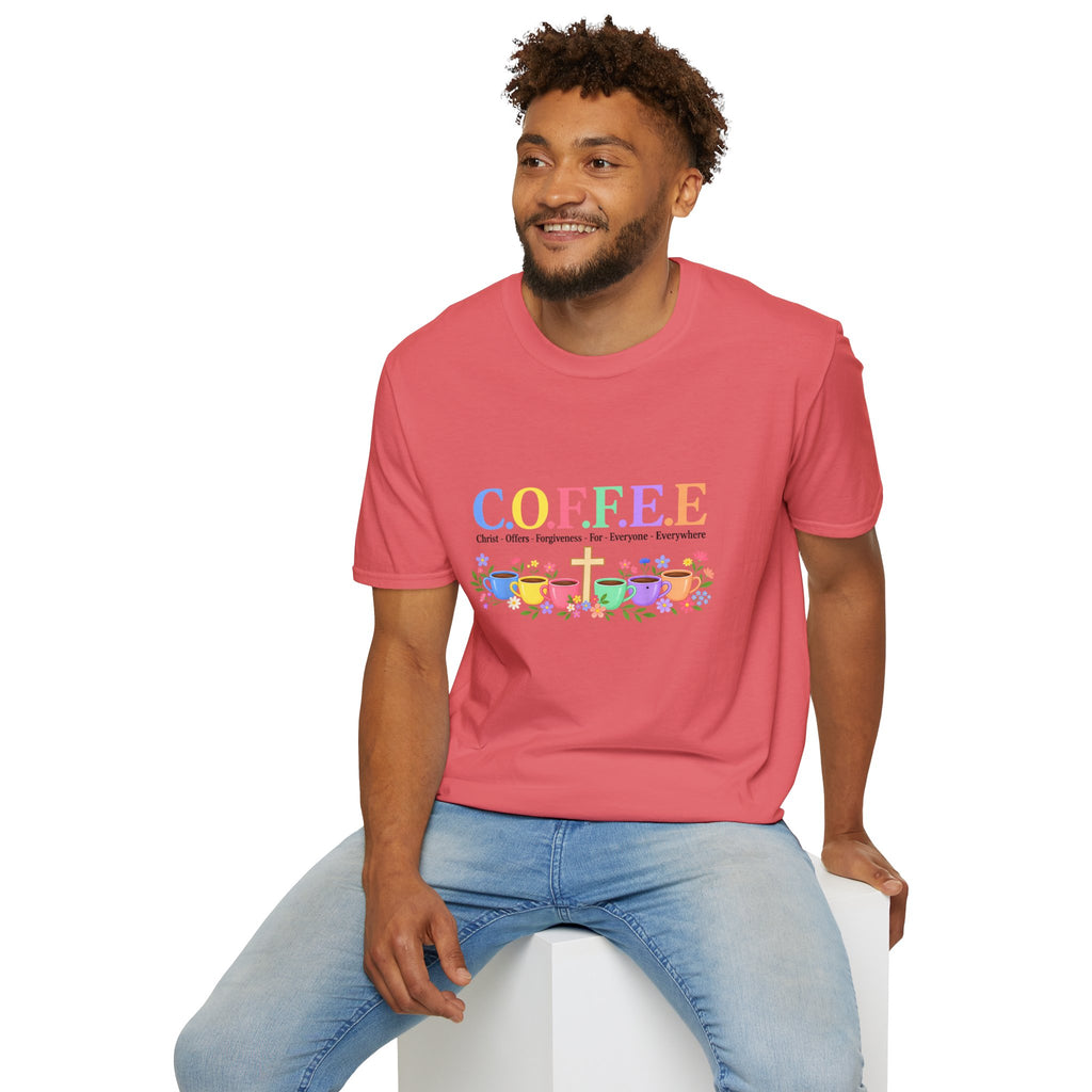 Coffee Lover Floral Graphic - C.o.f.f.e.e. (Christ - Offers - Forgiveness - For Everyone - Everywhere)  Softstyle T-Shirt