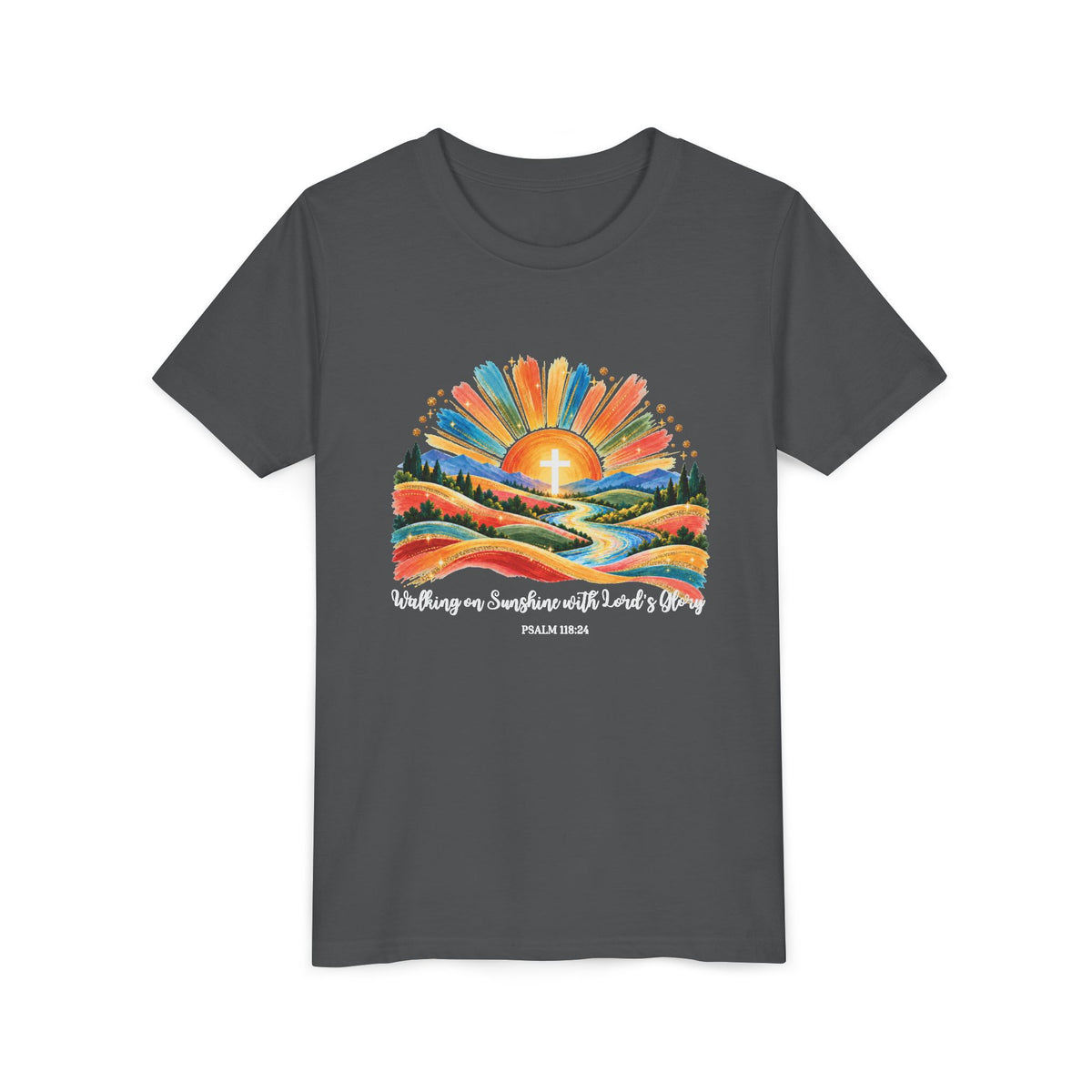Youth Short Sleeve Tee – Walking On Sunshine with Lords Colorful Christian Sunrise Faith Shirt