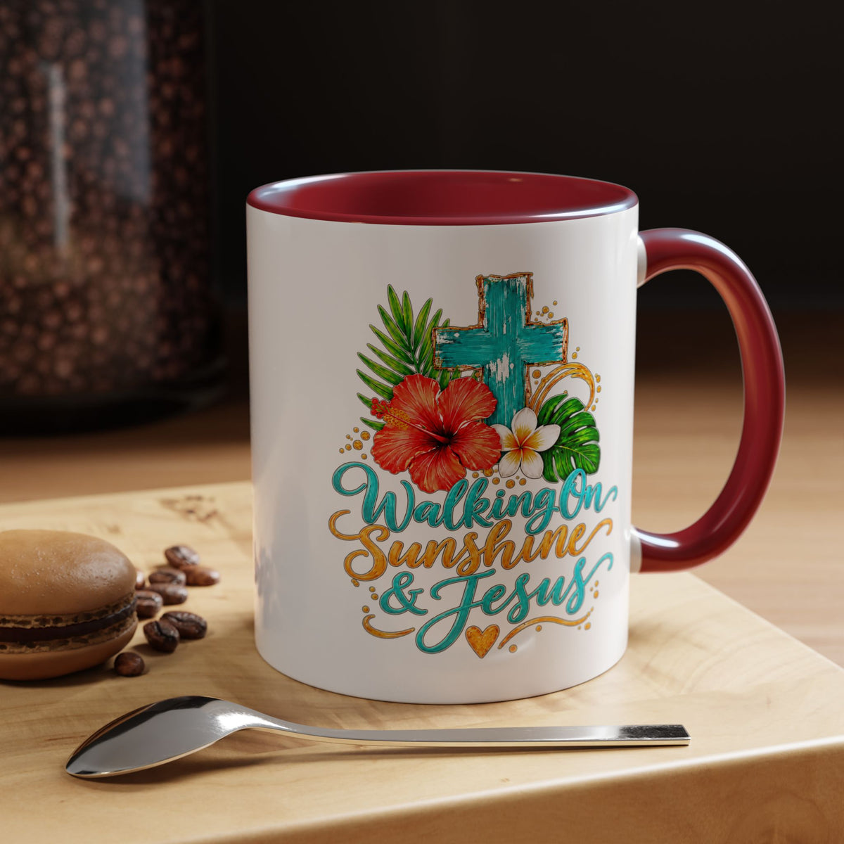 Walking on Sunshine & Jesus Coffee Mug – Floral Cross Accent Mug