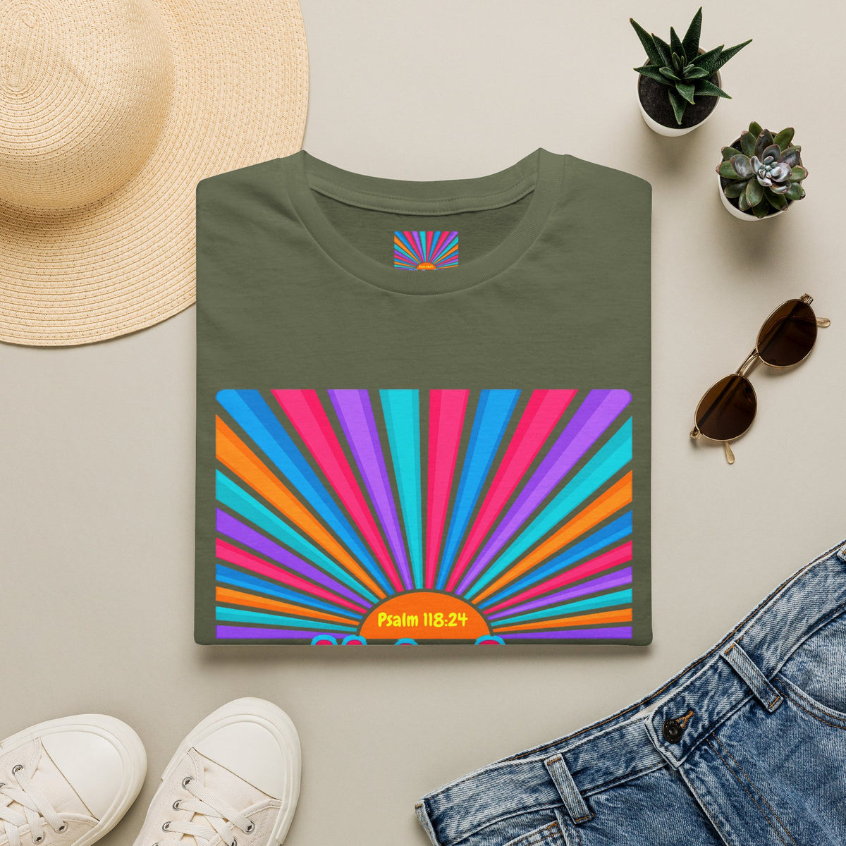 Walkin' On Sunshine Lords Glory with Lori Psalm 118:24 Retro T-Shirt — 70s Rainbow Sun Graphic Tee