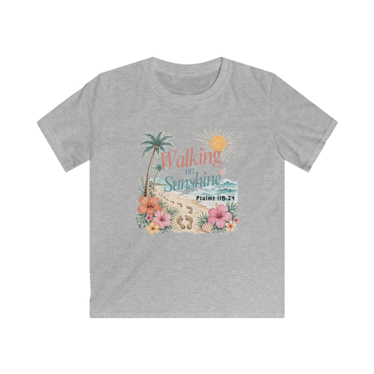 Kids Tee — "Walking in Sunshine" Floral Palm Beach Christian T‑Shirt (Psalm 118:24)