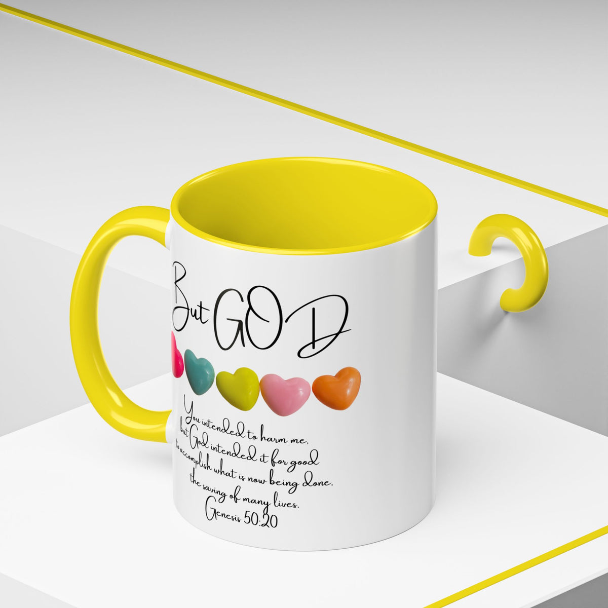But God Scripture Coffee Mug — Genesis 50:20 Inspirational Heart Accent Mug (11/15oz)
