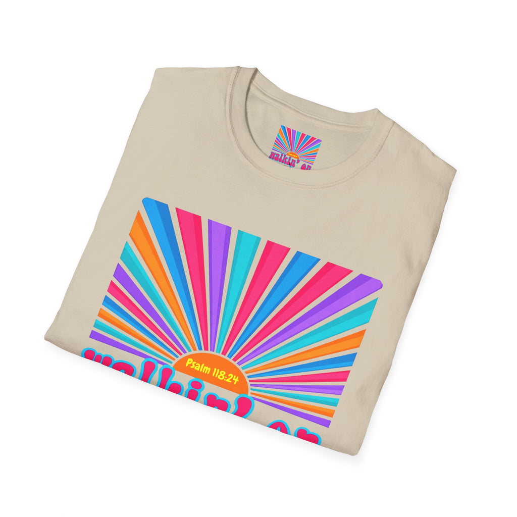 Walkin' On Sunshine Lords Glory with Lori Psalm 118:24 Retro T-Shirt — 70s Rainbow Sun Graphic Tee