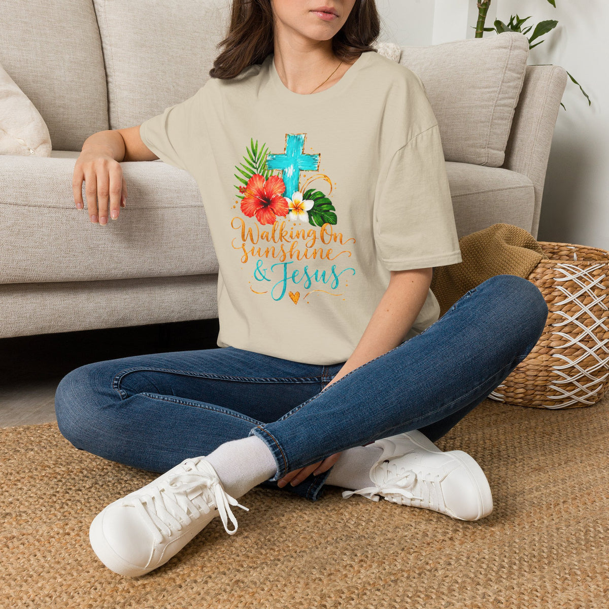 Walking on Sunshine & Jesus Floral Cross T-Shirt