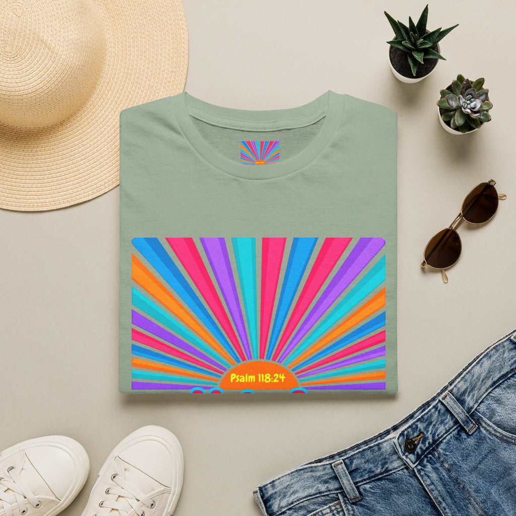 Walkin' On Sunshine Lords Glory with Lori Psalm 118:24 Retro T-Shirt — 70s Rainbow Sun Graphic Tee