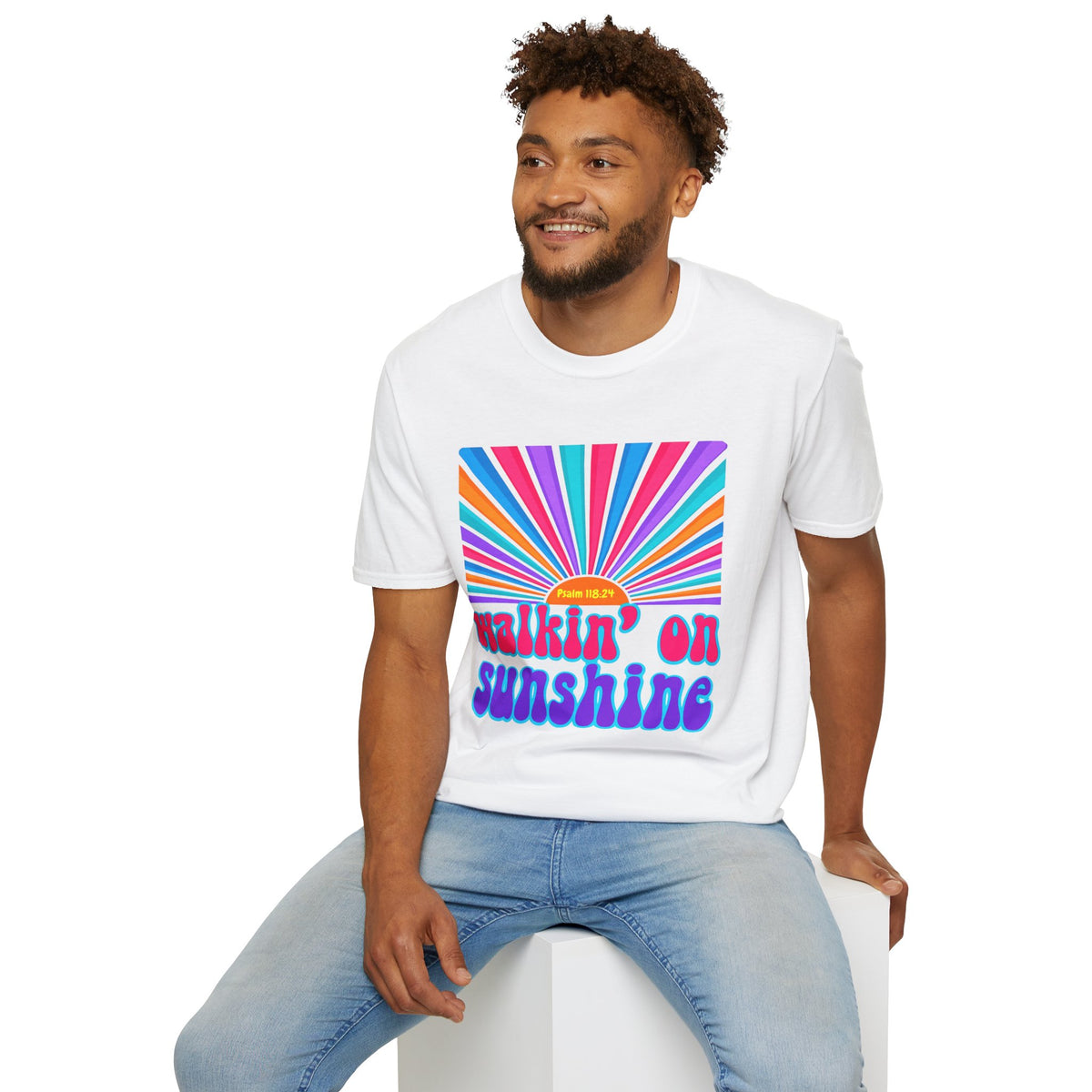 Walkin' On Sunshine Lords Glory with Lori Psalm 118:24 Retro T-Shirt — 70s Rainbow Sun Graphic Tee