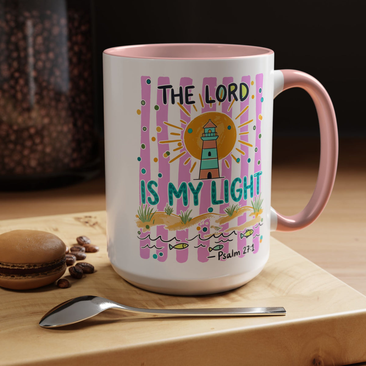 Christian Coffee Mug - "The Lord Is My Light" Lighthouse Psalm 27:1 Accent Mug