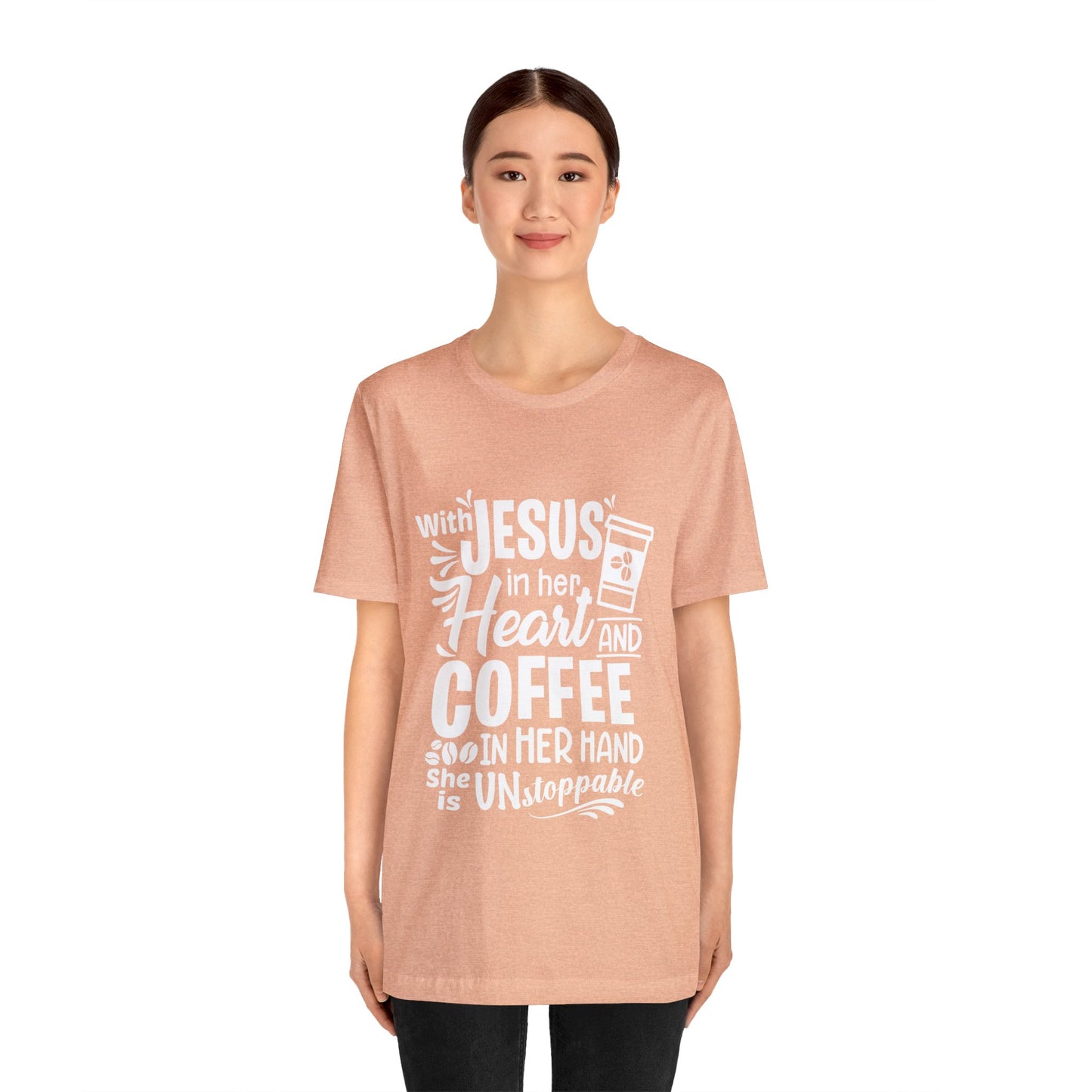 JESUS in Her Heart and Coffee - Woman's Jersey Short Sleeve Tee