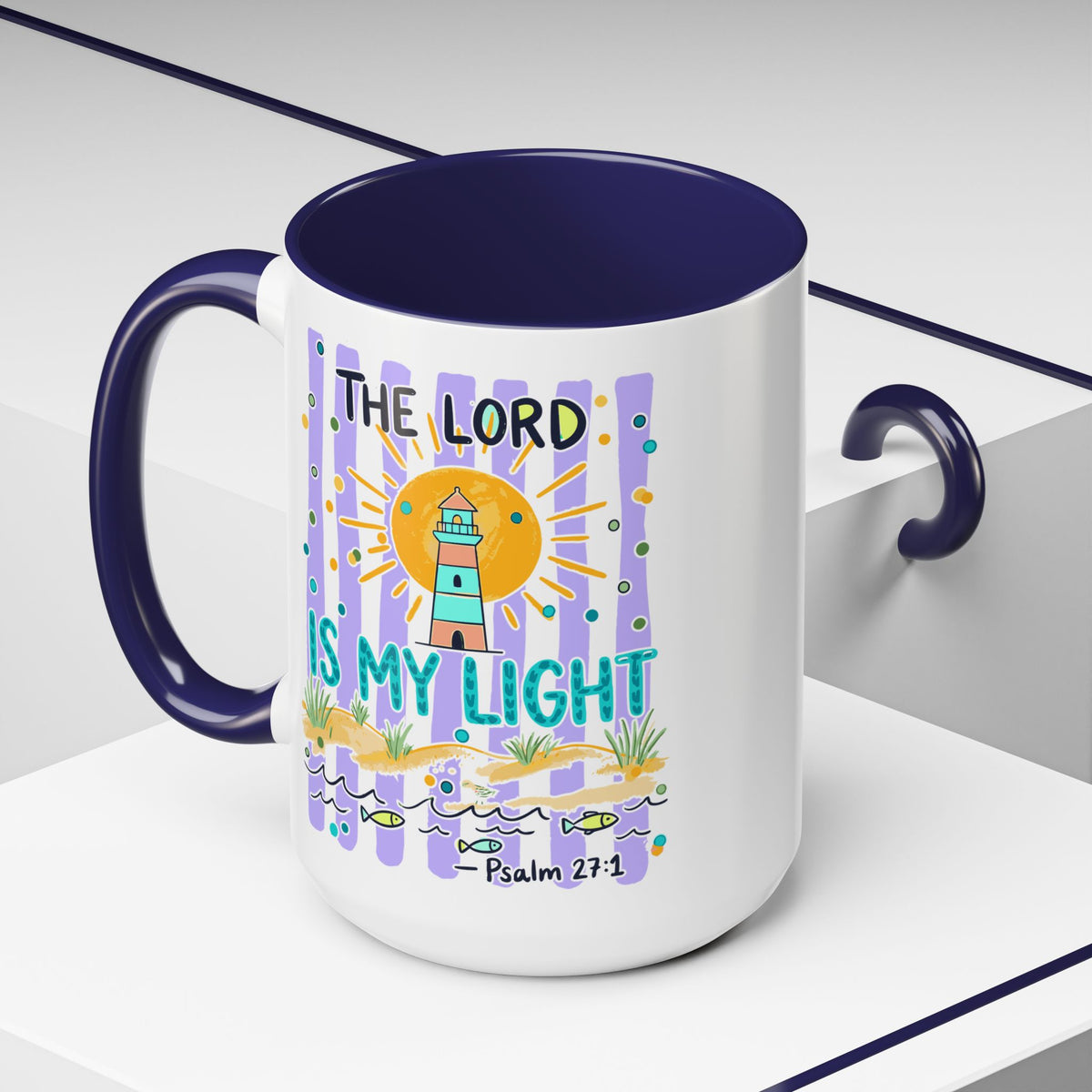 Accent Coffee Mug — “The Lord Is My Light” Lighthouse Bible Verse (Psalm 27:1)