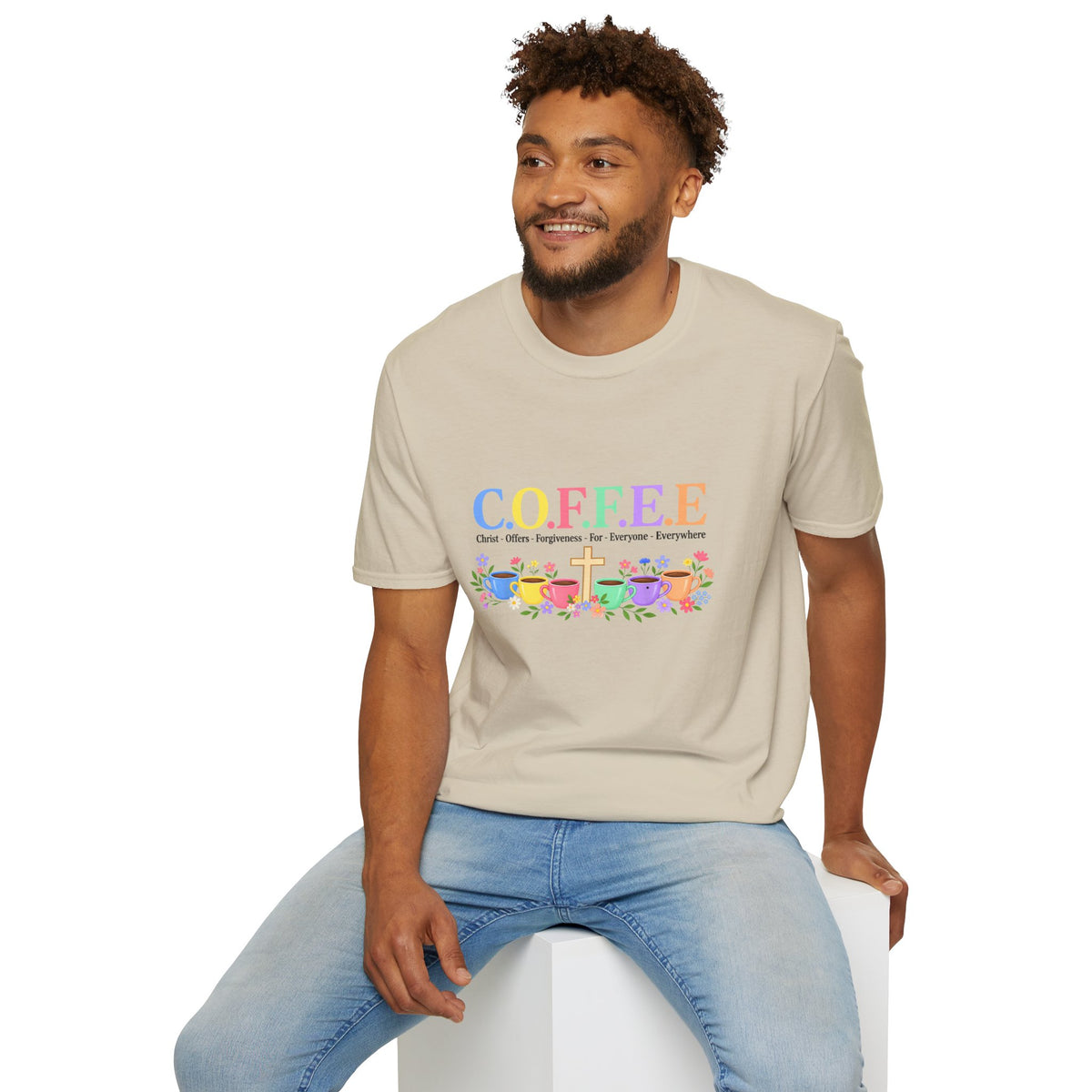 Coffee Lover Floral Graphic - C.o.f.f.e.e. (Christ - Offers - Forgiveness - For Everyone - Everywhere)  Softstyle T-Shirt