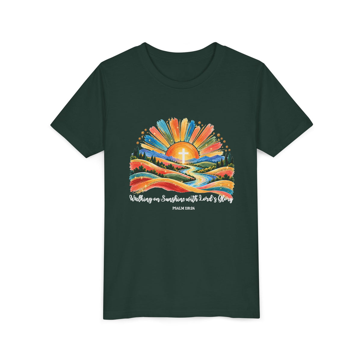 Youth Short Sleeve Tee – Walking On Sunshine with Lords Colorful Christian Sunrise Faith Shirt