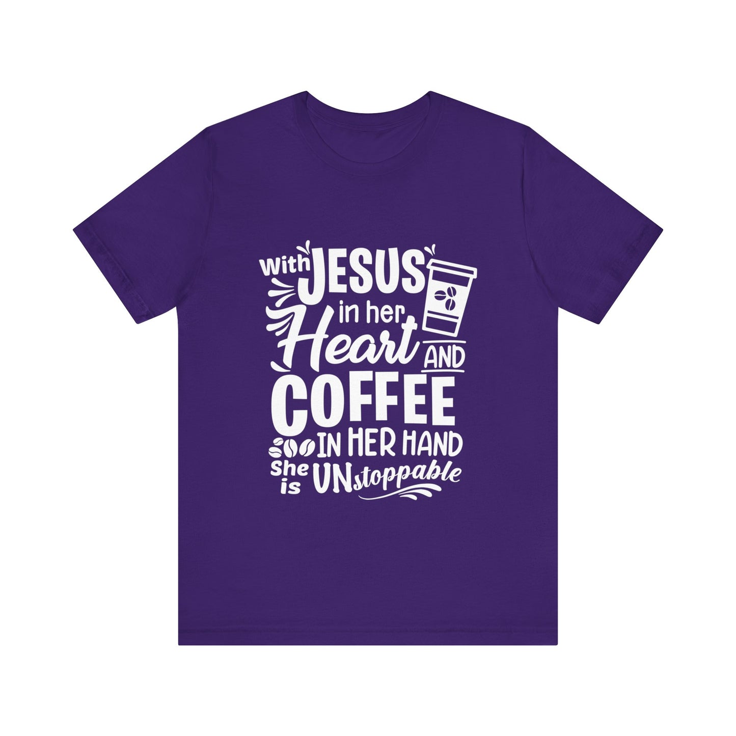 JESUS in Her Heart and Coffee - Woman's Jersey Short Sleeve Tee