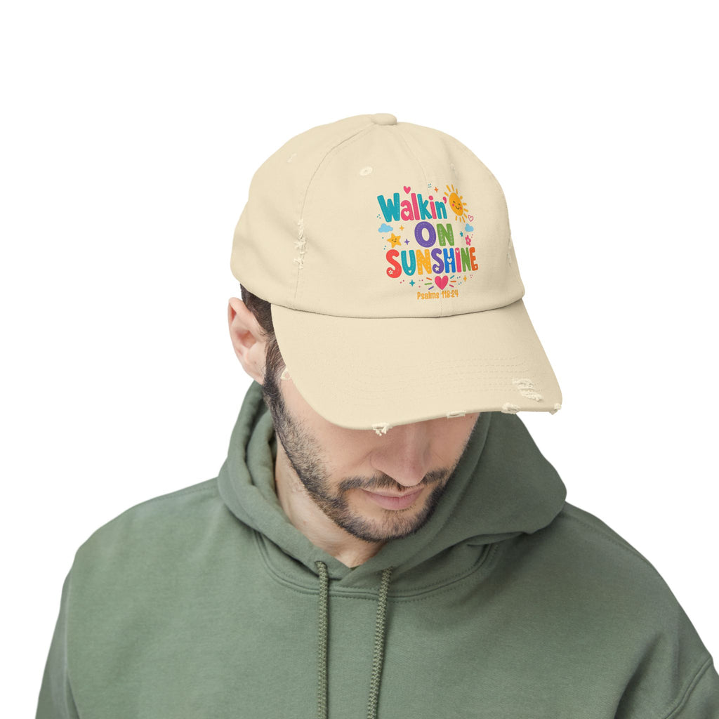 Distressed Cap — "Walkin' on Sunshine" Retro Sunshine Baseball Hat Psalm 118:24