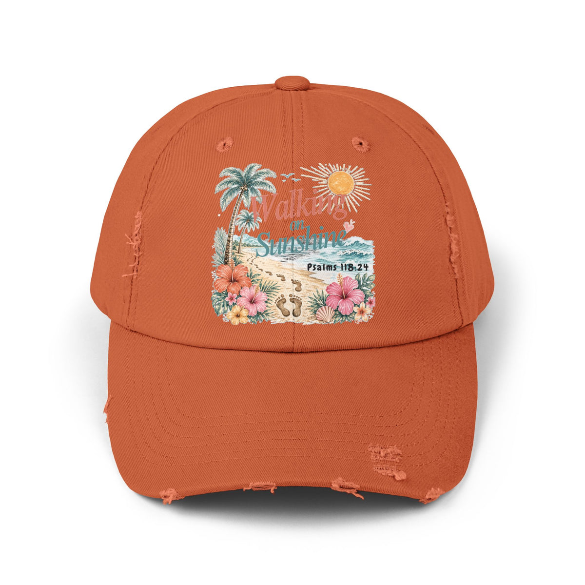 Distressed Cap — "Walk on Sunshine" Tropical Beach Baseball Hat Psalms 118:24
