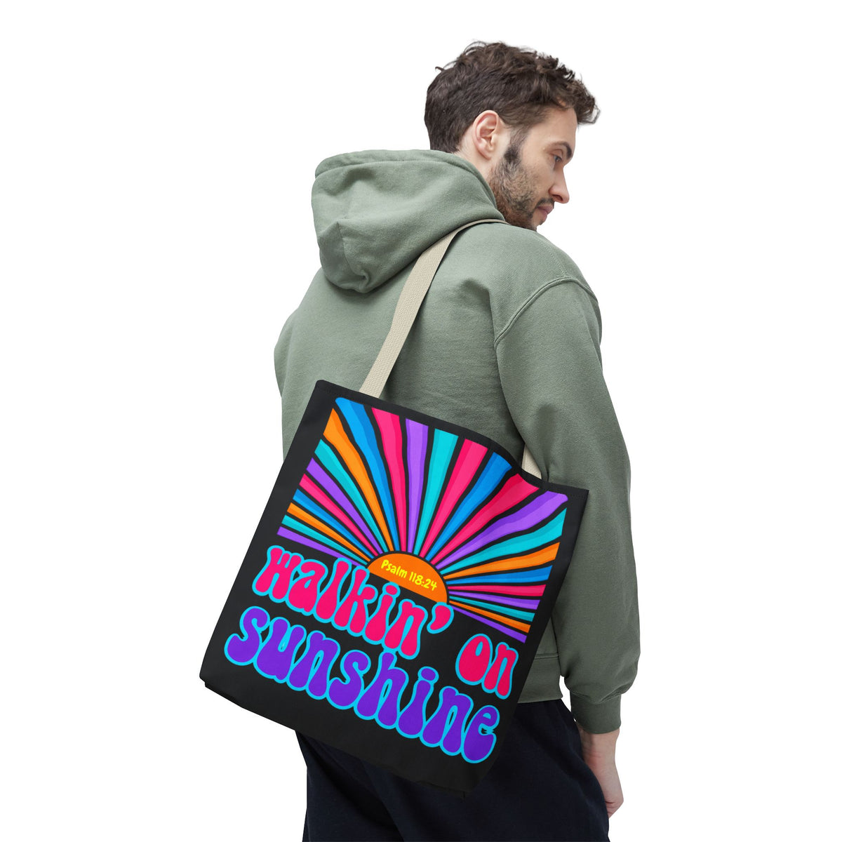 Lords Glory Sunrise Graphic Tote Bag — “Walkin' on Sunshine” Retro Psalm 118:24 Cotton AOP