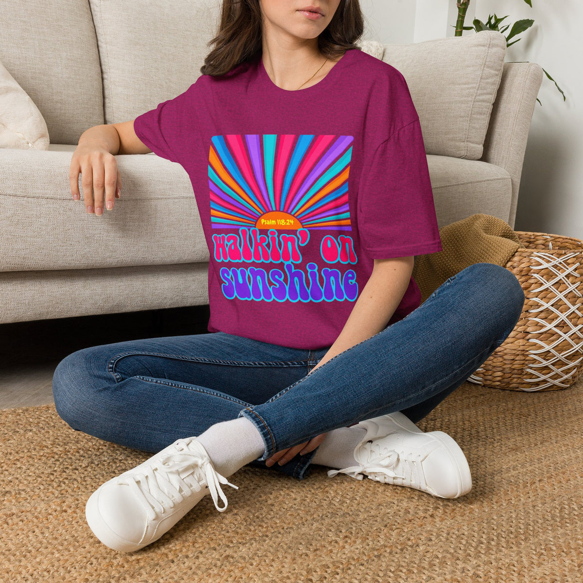 Walkin' On Sunshine Lords Glory with Lori Psalm 118:24 Retro T-Shirt — 70s Rainbow Sun Graphic Tee