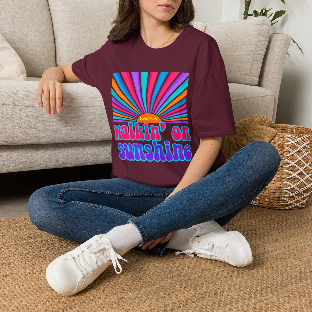 Walkin' On Sunshine Lords Glory with Lori Psalm 118:24 Retro T-Shirt — 70s Rainbow Sun Graphic Tee