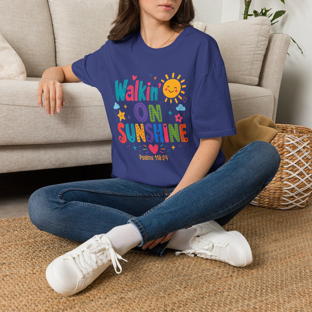 T-Shirt — "Walkin' on Sunshine" Bright Retro Sun Graphic Tee ‭‭Psalms‬ ‭118‬:‭24‬ ‭