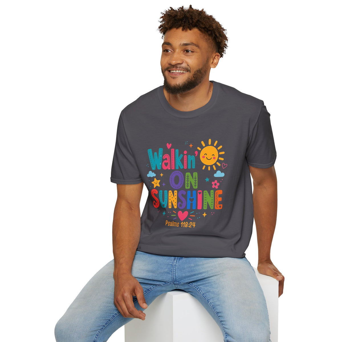 T-Shirt — "Walkin' on Sunshine" Bright Retro Sun Graphic Tee ‭‭Psalms‬ ‭118‬:‭24‬ ‭