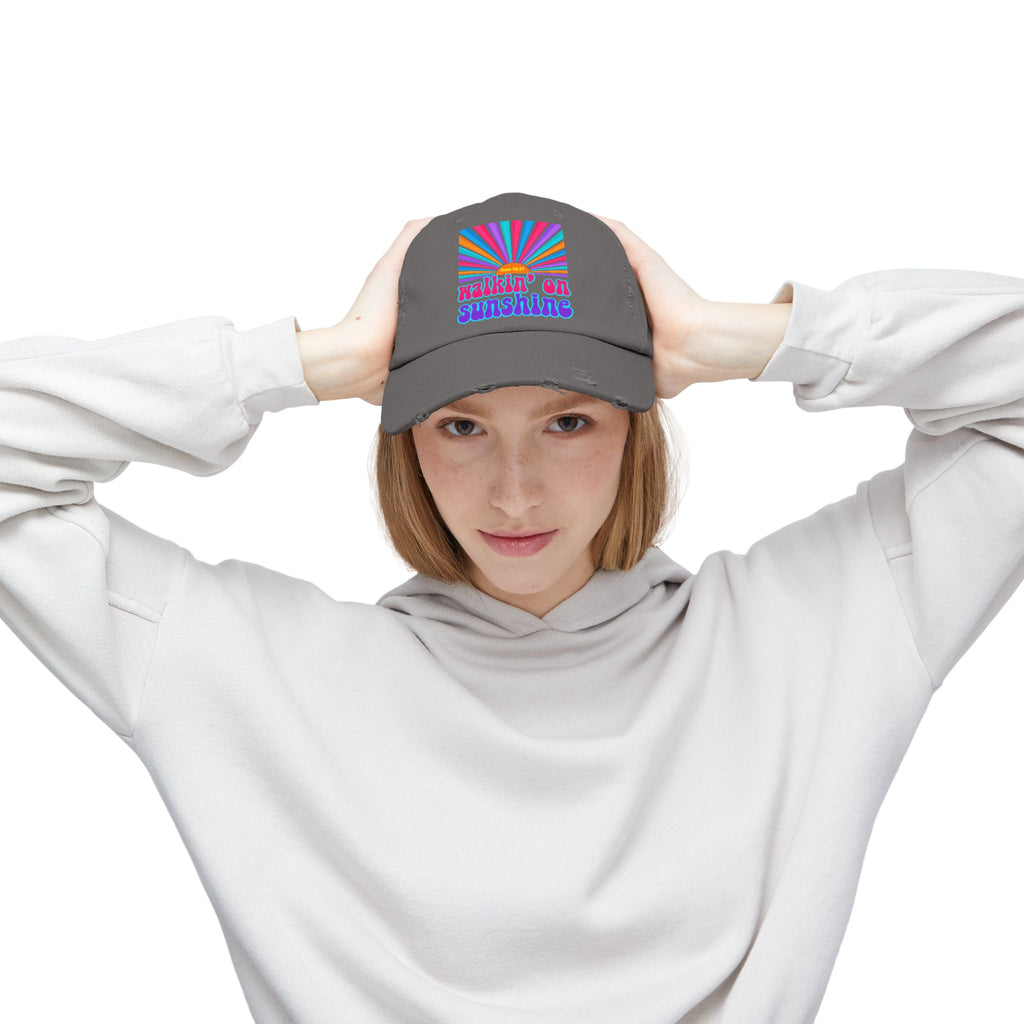 Walking On Sunshine Distressed Cap — Lords Glory with Lori Retro Rainbow Sun Trucker Hat