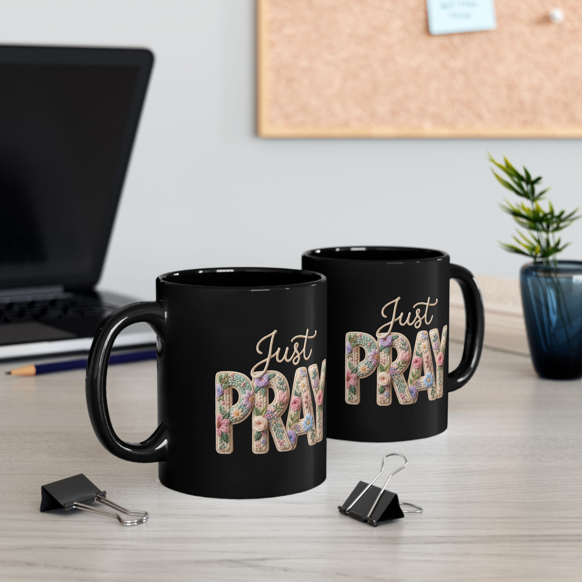 Just Pray floral typography Mug | Black coffee cup