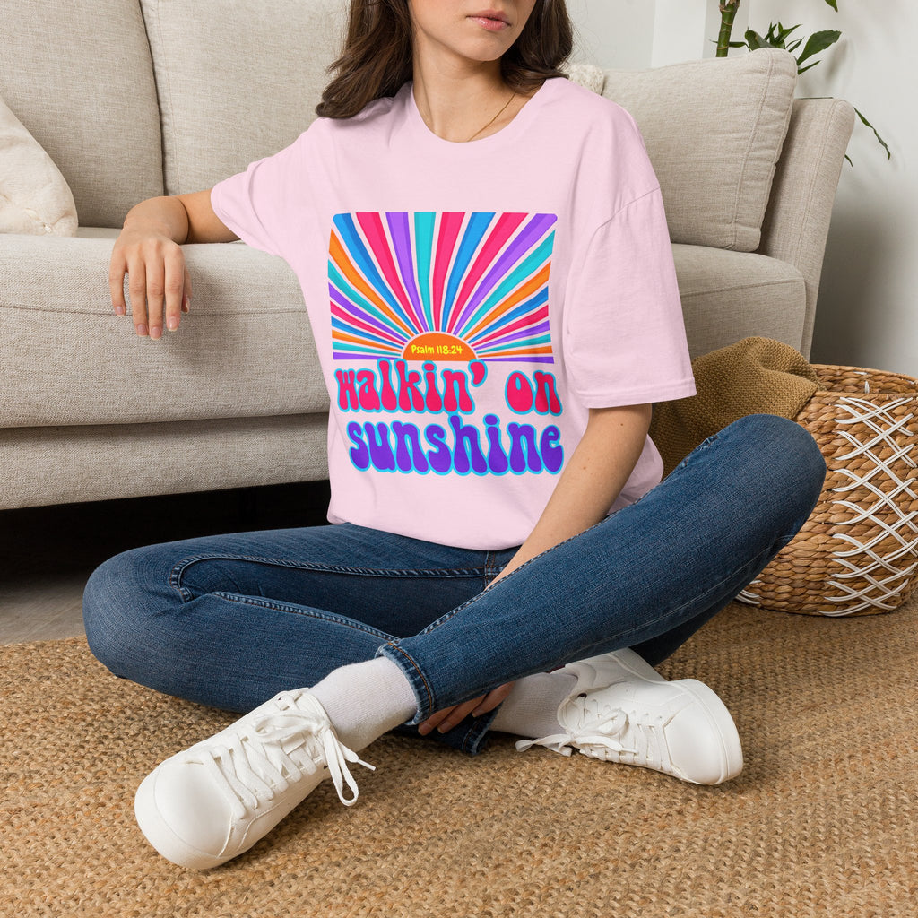 Walkin' On Sunshine Lords Glory with Lori Psalm 118:24 Retro T-Shirt — 70s Rainbow Sun Graphic Tee