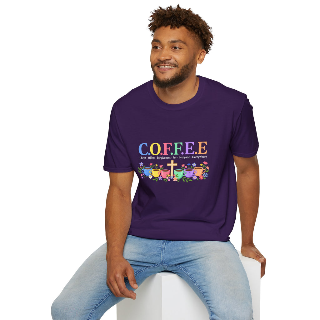 Coffee Lover Floral Graphic - C.o.f.f.e.e. (Christ - Offers - Forgiveness - For Everyone - Everywhere)  Softstyle T-Shirt