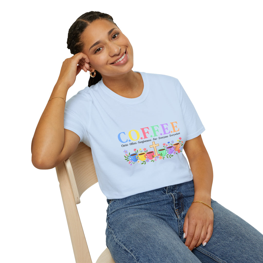Coffee Lover Floral Graphic - C.o.f.f.e.e. (Christ - Offers - Forgiveness - For Everyone - Everywhere)  Softstyle T-Shirt
