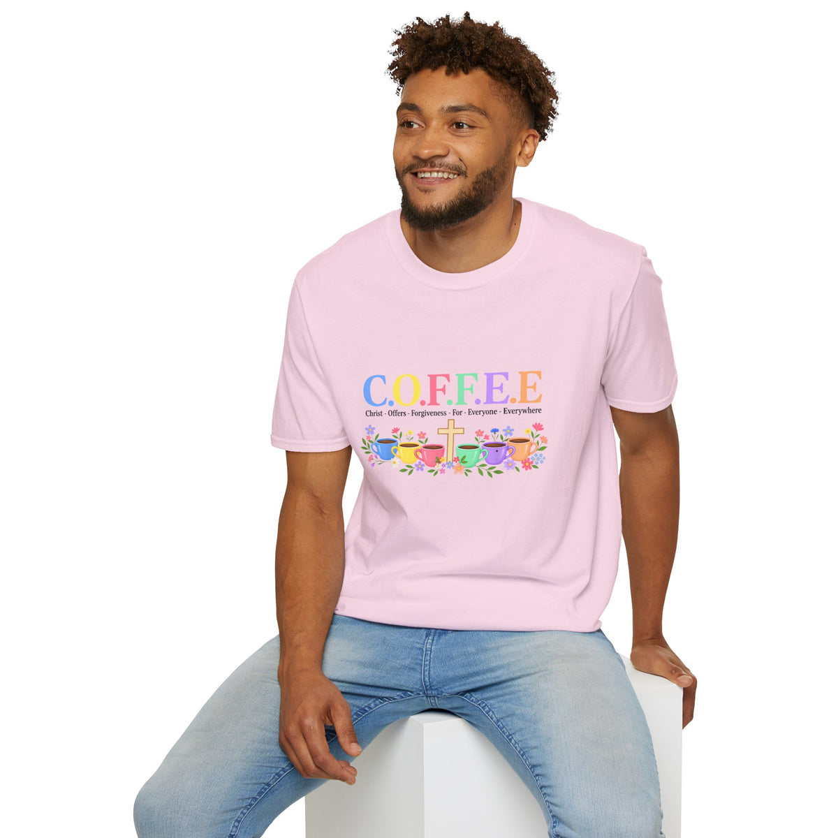 Coffee Lover Floral Graphic - C.o.f.f.e.e. (Christ - Offers - Forgiveness - For Everyone - Everywhere)  Softstyle T-Shirt