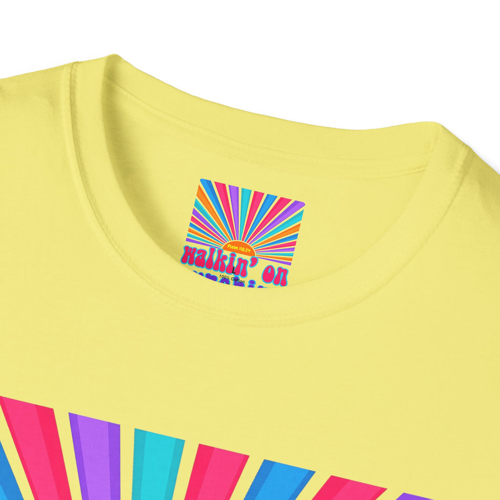 Walkin' On Sunshine Lords Glory with Lori Psalm 118:24 Retro T-Shirt — 70s Rainbow Sun Graphic Tee