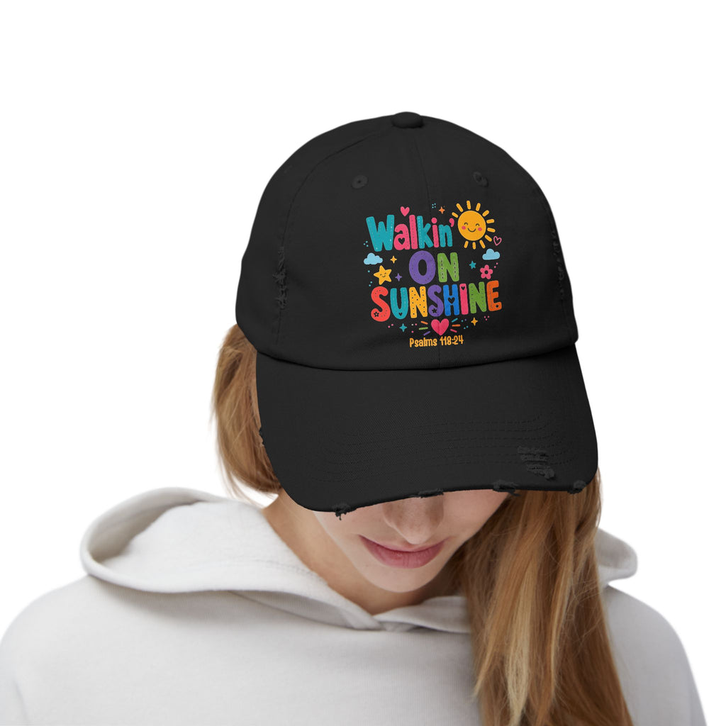 Distressed Cap — "Walkin' on Sunshine" Retro Sunshine Baseball Hat Psalm 118:24
