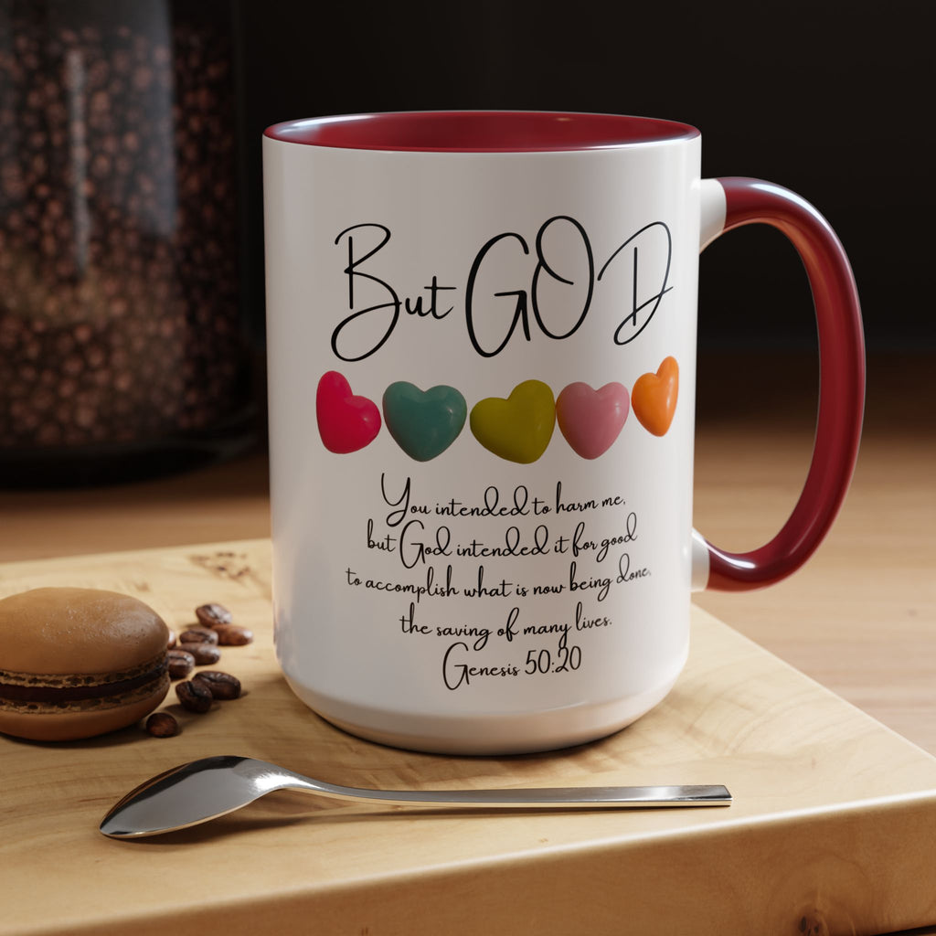 But God Scripture Coffee Mug — Genesis 50:20 Inspirational Heart Accent Mug (11/15oz)