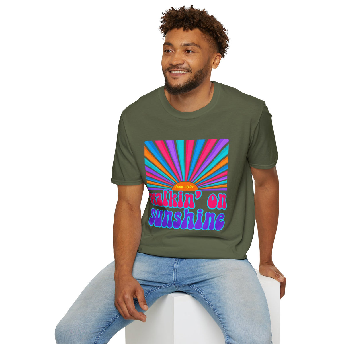 Walkin' On Sunshine Lords Glory with Lori Psalm 118:24 Retro T-Shirt — 70s Rainbow Sun Graphic Tee
