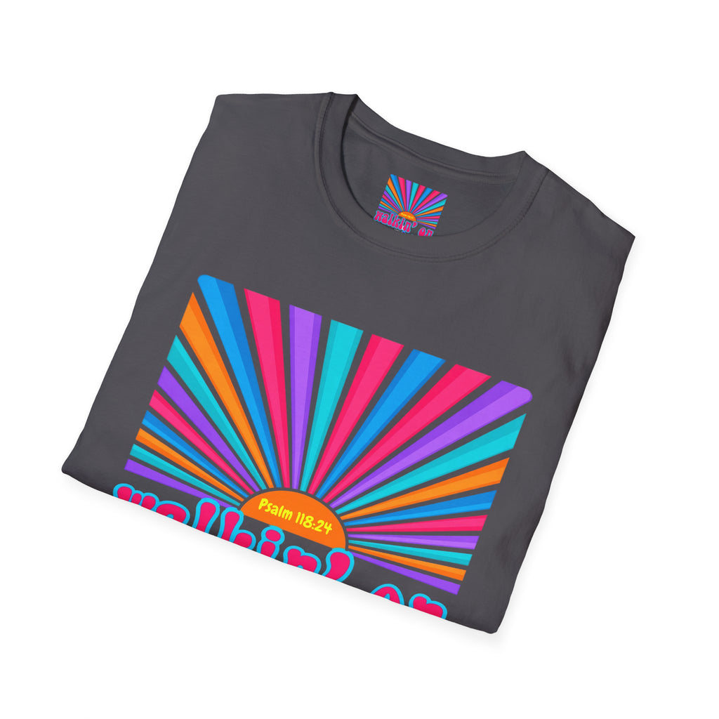 Walkin' On Sunshine Lords Glory with Lori Psalm 118:24 Retro T-Shirt — 70s Rainbow Sun Graphic Tee
