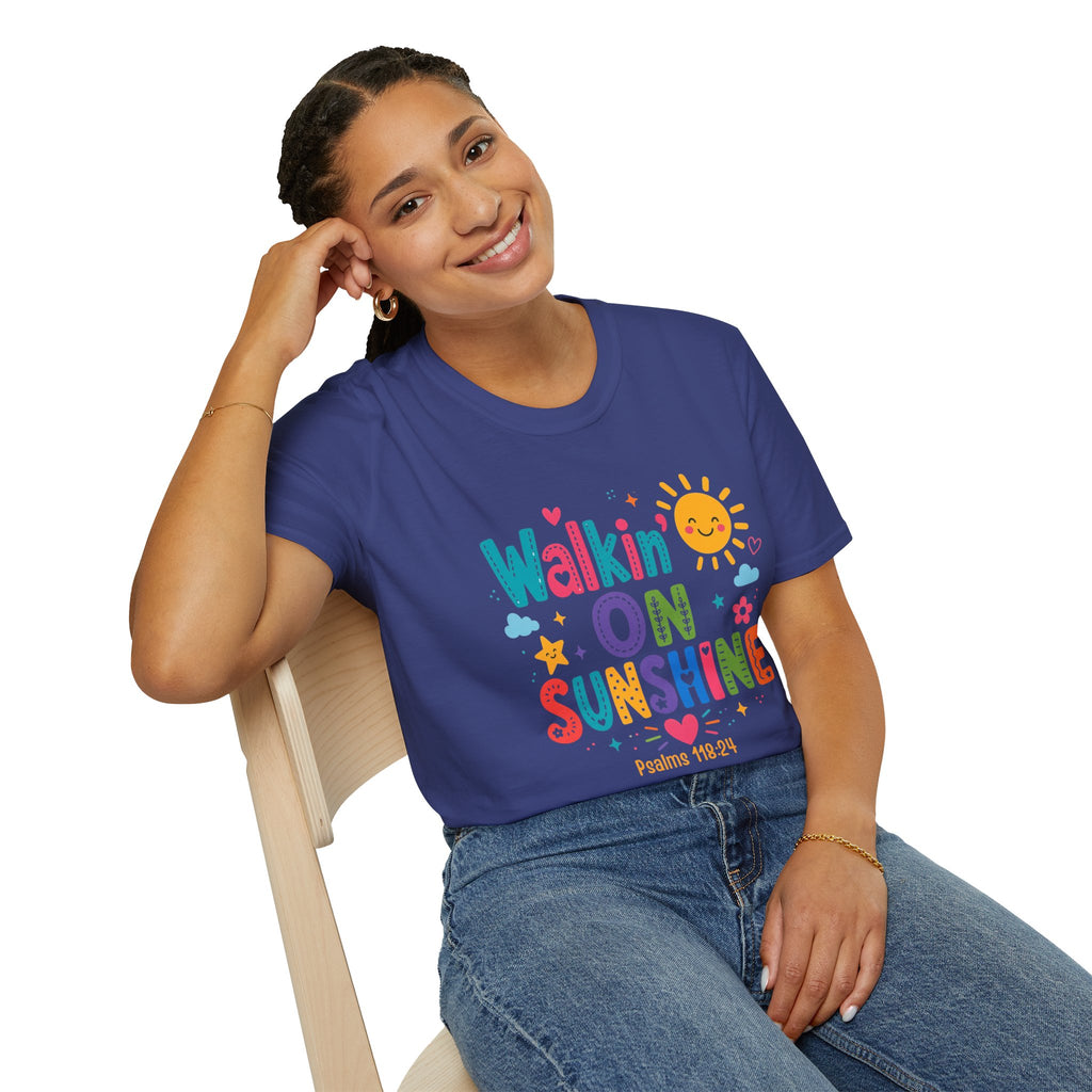 T-Shirt — "Walkin' on Sunshine" Bright Retro Sun Graphic Tee ‭‭Psalms‬ ‭118‬:‭24‬ ‭
