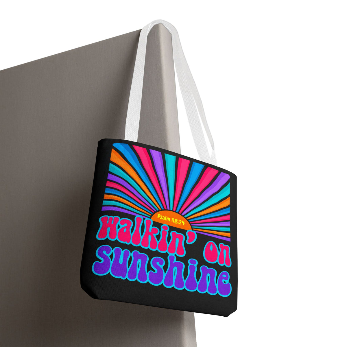 Lords Glory Sunrise Graphic Tote Bag — “Walkin' on Sunshine” Retro Psalm 118:24 Cotton AOP