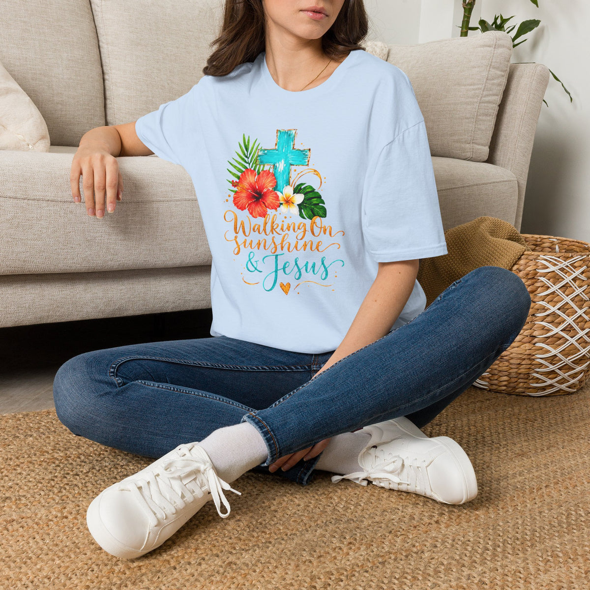 Walking on Sunshine & Jesus Floral Cross T-Shirt