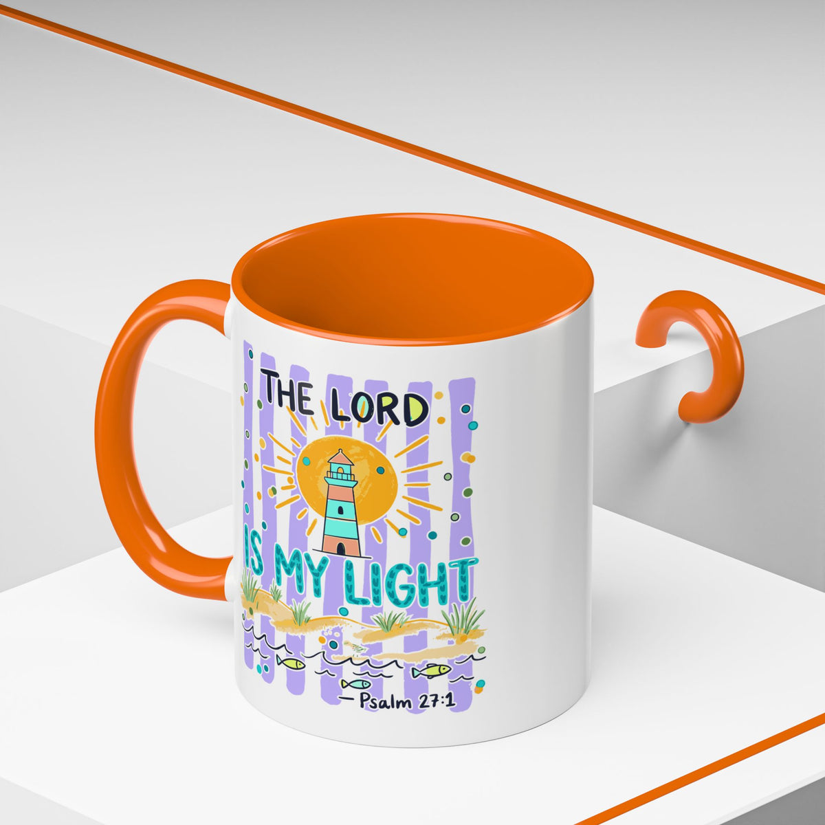 Accent Coffee Mug — “The Lord Is My Light” Lighthouse Bible Verse (Psalm 27:1)