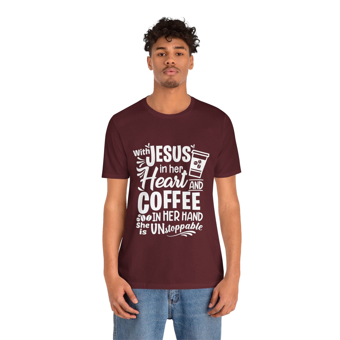 JESUS in Her Heart and Coffee - Woman's Jersey Short Sleeve Tee