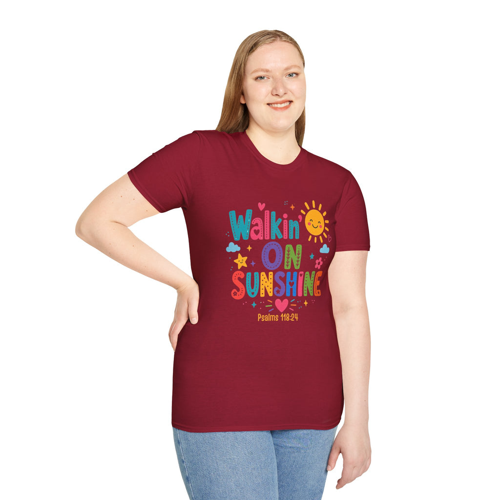 T-Shirt — "Walkin' on Sunshine" Bright Retro Sun Graphic Tee ‭‭Psalms‬ ‭118‬:‭24‬ ‭