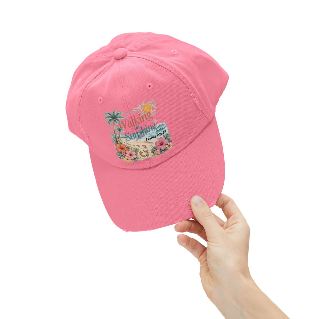 Distressed Cap — "Walk on Sunshine" Tropical Beach Baseball Hat Psalms 118:24