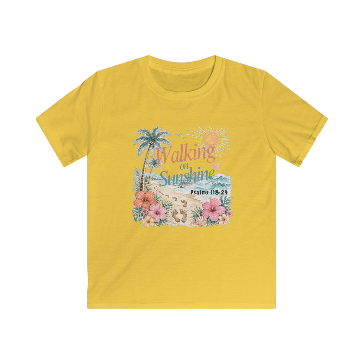 Kids Tee — "Walking in Sunshine" Floral Palm Beach Christian T‑Shirt (Psalm 118:24)